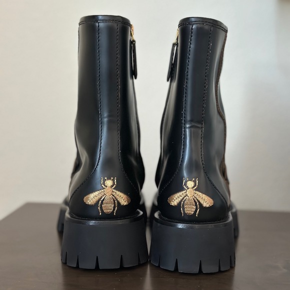 NIB Gucci Cordovan Lux Black Leather Horsebit Bee Embroidered Combat Boots 37.5 - Picture 5 of 15